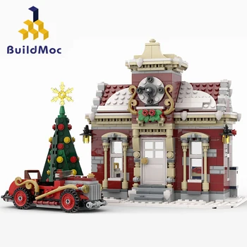 BuildMoc Маленькая Зимняя Ратуша Набор Строительных Блоков Рождественская Архитектура Здание Кирпичный Дом Игрушка Детский День Рождения Рождественский подарок