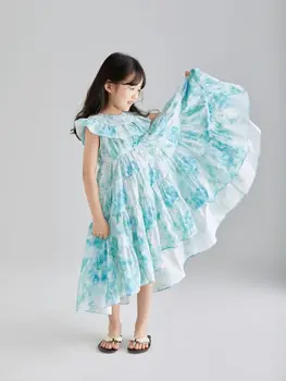 Розничная продажа, Новый Летний бутик для маленьких девочек, Подростковое синее платье с принтом, милые платья принцессы для детей на день рождения, праздничные платья от 5 до 9 лет
