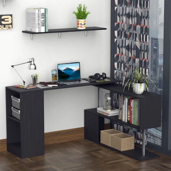 55-дюймовый угловой компьютерный стол с вращением на 360 °, современное L-образное рабочее место для домашнего офиса с 3-ярусными полками для хранения, прочный