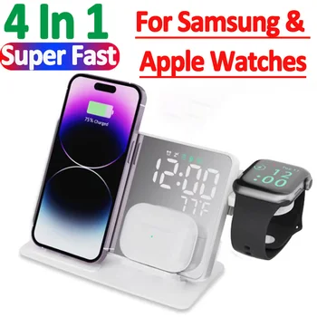 Беспроводная Зарядная Подставка 4 в 1 Для iWatch 8 Samsung Galaxy Watch 4 5 Будильник Станция Быстрой Зарядки Для Iphone Galaxy S23 S22