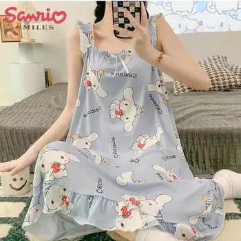 Ночная Рубашка на Бретелях Sanrio Hello Kitty Cinnamoroll Kuromi С Рисунком Из Мультфильма Летние Свободные Пижамы Милая Повседневная Одежда Для Отдыха Аниме Подарок Для Девочки