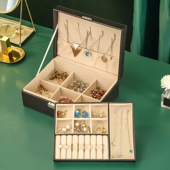 Шкатулка для драгоценностей из искусственной кожи, двухслойный органайзер для ювелирных изделий, Запирающиеся серьги, Кольца, ожерелья, Двойной лоток