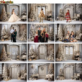 Фон для фотосъемки белой Рождественской комнаты, интерьер, Винтажная дверь, подарок, Рождественская елка, День рождения ребенка, семейный портрет, фоновая фотосессия