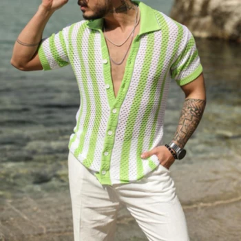 Y2k Выдолбленная рубашка, трикотажная мужская полосатая пляжная повседневная рубашка в стиле пэчворк с короткими рукавами, мужская летняя модная рубашка с отворотом оверсайз