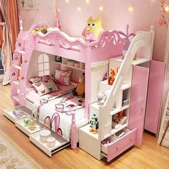 Двухъярусная Кровать Девочка Принцесса Замок Детская Детская Кровать Высокая И Низкая Кровать Взрослый Ребенок Розового Цвета Детская Мебель Для Спальни Девочка Детская Кровать