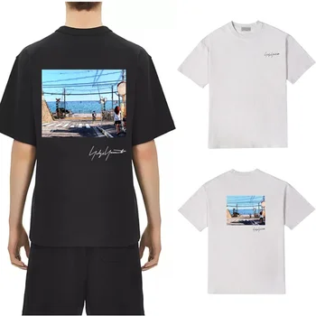 Y-3 Yohji Yamamoto 2024 Летняя Мужская футболка с Абстрактным принтом с видом на Океан Высшего качества Y3 Повседневные Свободные Мужские топы с Коротким рукавом