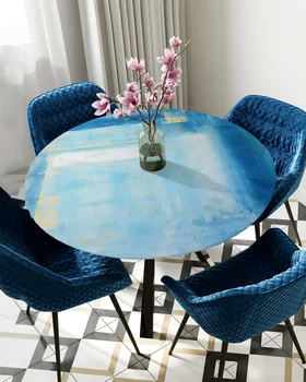 Абстрактная картина маслом Синяя круглая защитная ткань для покрытия стола с эластичными краями, Водонепроницаемая прямоугольная скатерть из полиэстера