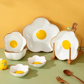 Корейская минималистичная керамическая миска для яиц-пашот с подсолнухом, тарелочная ложка, бытовая креативная посуда, чаша с милыми волнистыми краями.