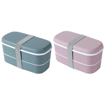 2 комплекта 2-слойных ланч-боксов для микроволновой печи с отделениями, Герметичный контейнер для бенто, изолированный контейнер для еды, розовый и зеленый