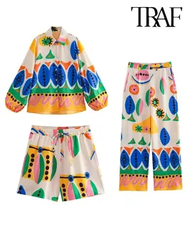 TRAF 2023 Летние Модные женские широкие брюки с цветным принтом, костюмы, Свободная рубашка с рукавами до запястий, Женский топ, комплекты из 3 предметов