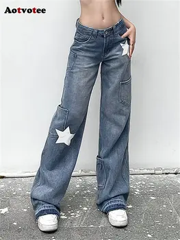 Aotvotee Уличная одежда, винтажные выстиранные джинсы, женские модные джинсовые брюки с высокой талией и широкими штанинами, повседневные прямые джинсы со звездным принтом, старые повседневные джинсы с прямыми штанинами