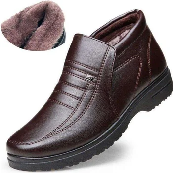 Зимняя водонепроницаемая мужская повседневная кожаная обувь, Фланелевая мужская повседневная обувь без застежки с высоким берцем, резиновая теплая зимняя обувь для мужской обуви