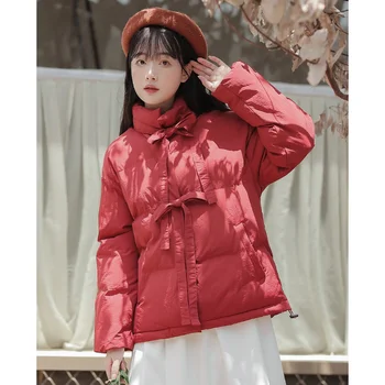Дизайн женских пальто, пуховик с красным воротником-бантом, теплое пальто, милая девушка, Ретро Темперамент, короткие куртки для хлеба, женская одежда
