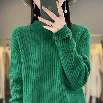 2023 Осенне-зимний кашемировый свитер, Женский пуловер с полувысоким воротником, вязаный топ из 100% шерсти, Свободная повседневная женская куртка, Корея