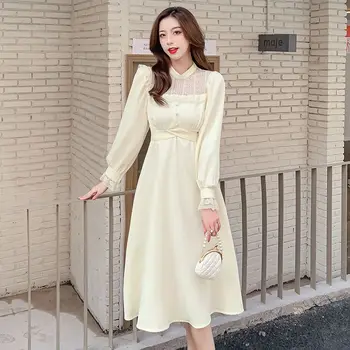 2023 Длинное Платье Для Женщин Плюс Размер Элегантные Французские Кружевные Винтажные Черные Платья Корейской Моды С Пышным Рукавом Y2k Slim Midi Dress