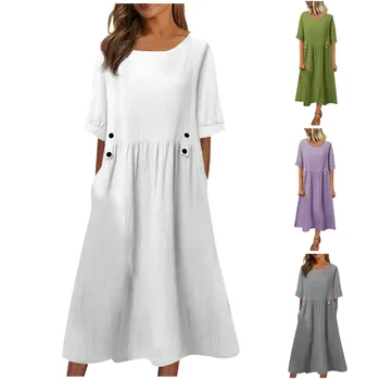 Винтажные Длинные платья для женщин 2023, Одноцветное изделие, круглый вырез, Свободный карман, повседневное платье средней длины, Плюс размер, Женское летнее платье