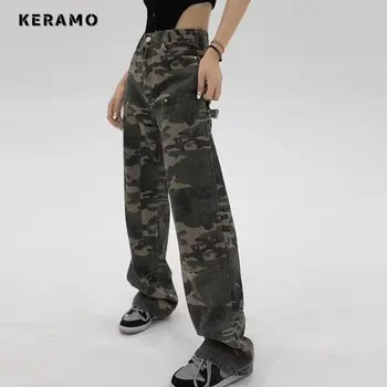 Американские винтажные камуфляжные прямые джинсовые брюки с высокой талией, женские повседневные мешковатые джинсовые брюки Y2K с широкими штанинами, уличная одежда в стиле гранж, джинсовые брюки