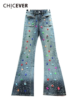 Женские джинсы CHICEVER Colorblock с высокой талией и карманами в стиле пэчворк, осенние винтажные джинсовые брюки-клеш с бриллиантами, шикарные джинсовые брюки-клеш, женские