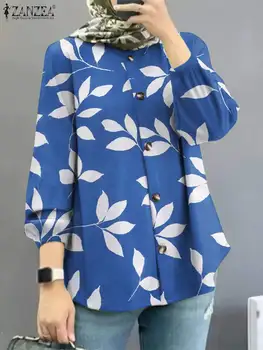 2023 ZANZEA Женская винтажная мусульманская блузка Абая, летние топы с цветочным принтом, Повседневная Свободная исламская одежда с длинным рукавом, дубайские блузки
