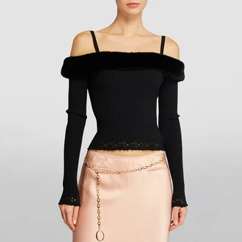 2023 Осенний Новый женский пуловер Y2k, съемный, экологически чистый, сращивание волос, Сексуальная футболка без бретелек, вязаная крючком, свитер с длинным рукавом