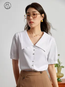 DUSHU, Женская однобортная блузка с большим отложным воротником, Офисные Женские Летние Рубашки с коротким рукавом, Простая рубашка с передним плечом.