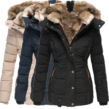 Новая зимняя хлопковая одежда с теплым меховым воротником, женская приталенная хлопковая куртка на молнии с длинными рукавами, пальто с капюшоном