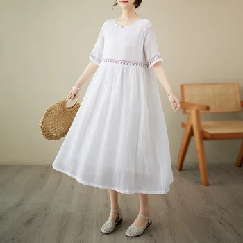#6883 Белое винтажное платье с вышивкой, хлопковое льняное платье с коротким рукавом, свободное платье миди в стиле ретро с круглым вырезом, женские тонкие карманы, лето