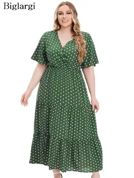 Женское летнее длинное платье большого размера с принтом в горошек, свободные женские платья, повседневное модное женское платье в складку 2023