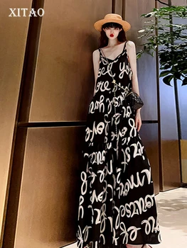 XITAO, однотонное платье на бретельках с буквами, пуловер, свободный, длиной до щиколоток, с V-образным вырезом, облегающий, летняя новинка 2023, мода HQQ1311