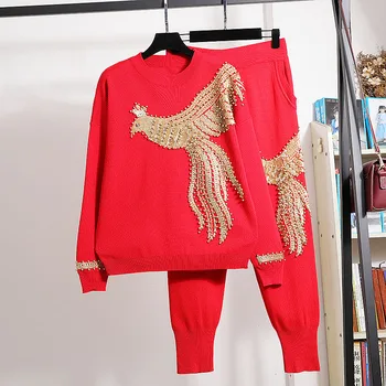 2023 Осень, Вязаный женский костюм с бисером в виде Феникса, модный свитер с длинным рукавом + шаровары, Комплект из 2 предметов, Зимняя женская одежда