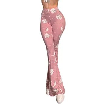 Женские расклешенные Длинные брюки с принтом Звездного неба и Солнца с высокой талией розового цвета
