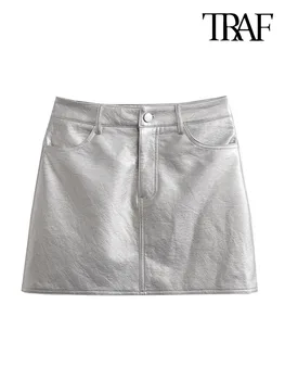 TRAF Женская мода Передние карманы из искусственной кожи Серебристая мини-юбка Винтажные женские юбки на молнии с высокой талией Mujer