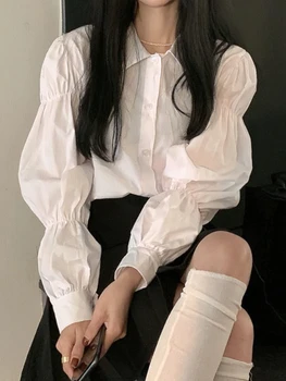 Белая винтажная рубашка с длинным рукавом, женская корейская дизайнерская мода, Свободный топ с пышными рукавами, женская милая одежда 2023 Года Новинка