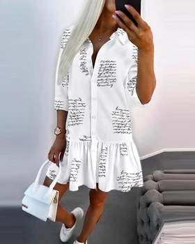 2023 Женское платье-рубашка с буквенным принтом на пуговицах и рюшами по низу, Весна-осень, рубашка с отложным воротником и длинным рукавом, мини-платье, Новая одежда