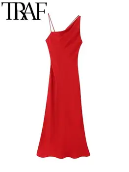 Красное атласное асимметричное женское вечернее платье без рукавов с открытой спиной, женские Макси Длинные платья Y2K 2023 Лето