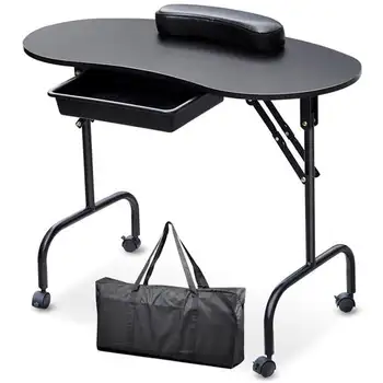 Складной маникюрный столик Mile Mart со скидками, с запирающимися колесиками и сумкой-подушкой для запястий, черный