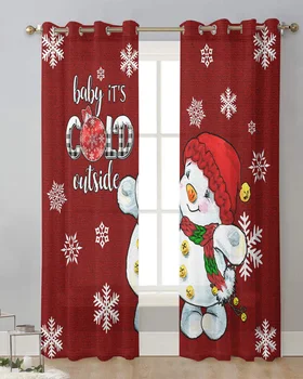 Рождественский красный снеговик, занавеска со снежинками, тюлевые занавески для гостиной, обработка окон кухни, вуалевые занавески
