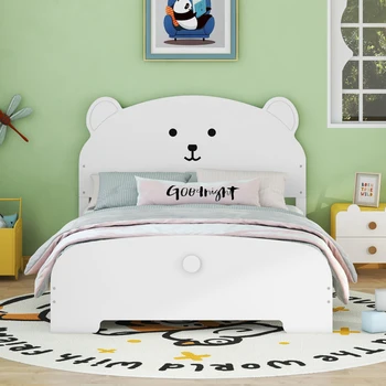 Полноразмерная деревянная кровать-платформа с изголовьем в форме медведя, подростковая кровать, двуспальная кровать, детские кровати, колыбели, односпальные кровати