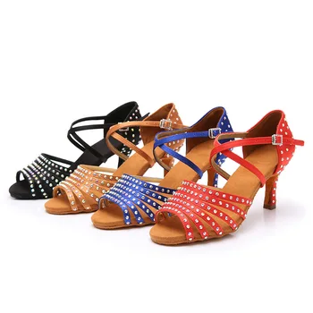 Классические женские туфли для латиноамериканских танцев со стразами, бальные сандалии для танцев ча-ча-танго, женская нескользящая замшевая подошва, средний каблук 7 см