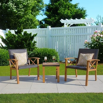 Набор для патио из 3 предметов с текстурой дерева; алюминиевые плетеные мягкие стулья для веранды, журнальный столик, набор для беседы на свежем воздухе для сада, заднего двора
