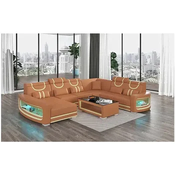 Роскошный кожаный угловой диван современного дизайна со светодиодной подсветкой и музыкальным проигрывателем для гостиной