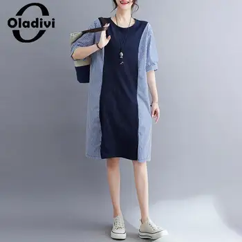 Oladivi Fashion Женское платье Миди в полоску с коротким рукавом большого размера 2023 Летние Повседневные Свободные платья Женская одежда оверсайз 8838